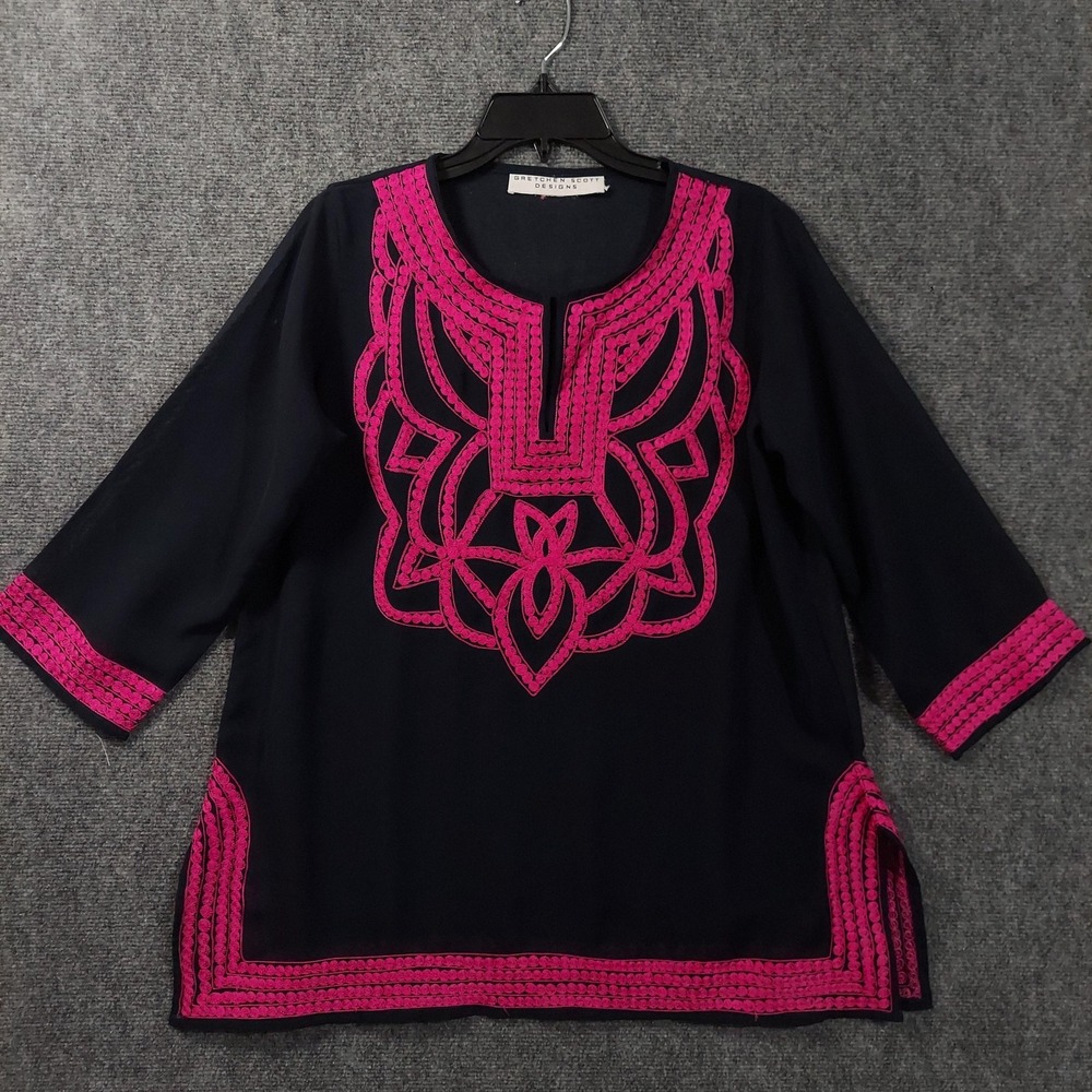 Gretchen Scott Designs Blouse Womens Large Black Pink Embroidered Sheer Tunic